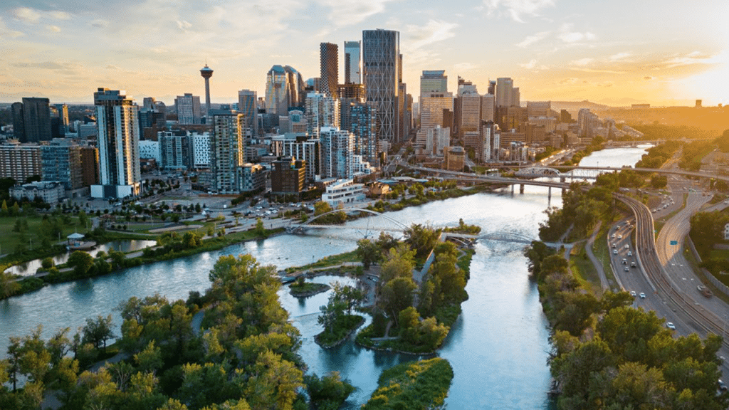 Calgary skyline seen at sunset