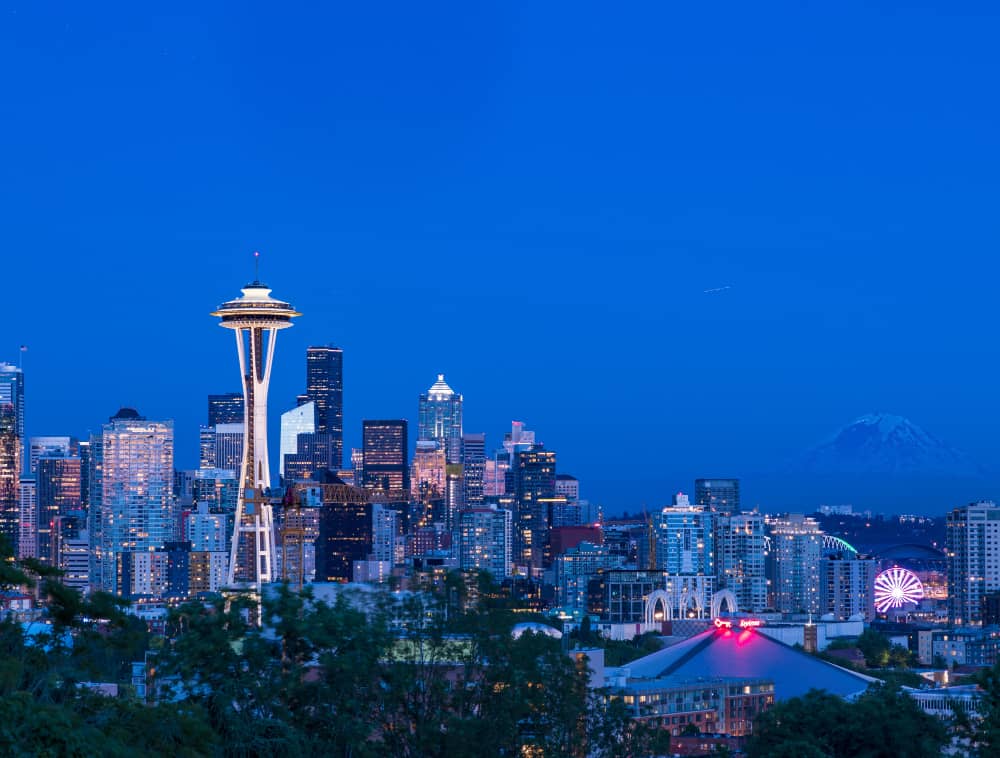 Seattle skyline with snowy peak in the background