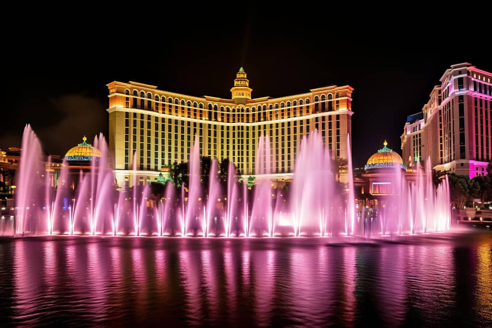 Las Vegas Bellagio hotel fountain water show at night
