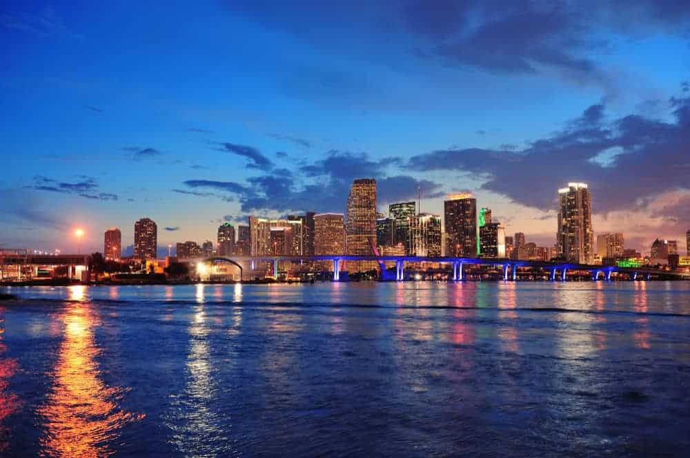 Miami night skyline view