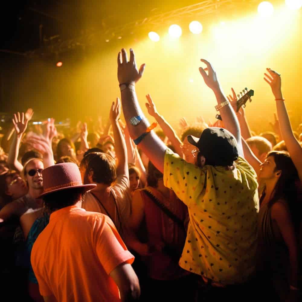 group of people dancing and singing at a music concert